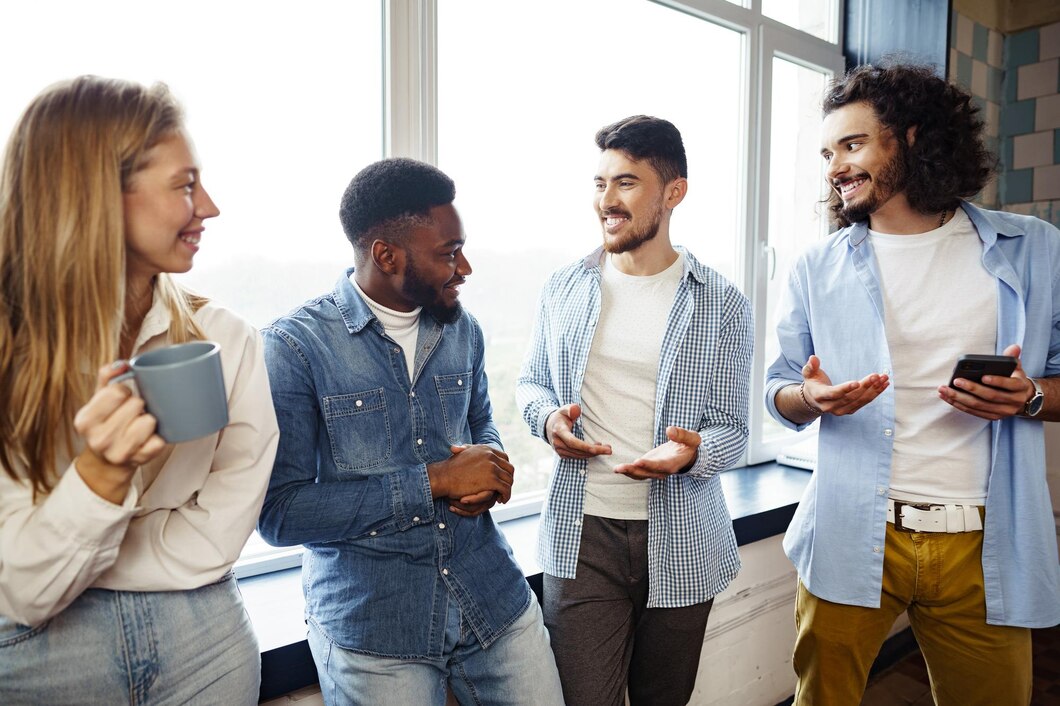 cheerful young business people have talk coffee break office 93675 134812